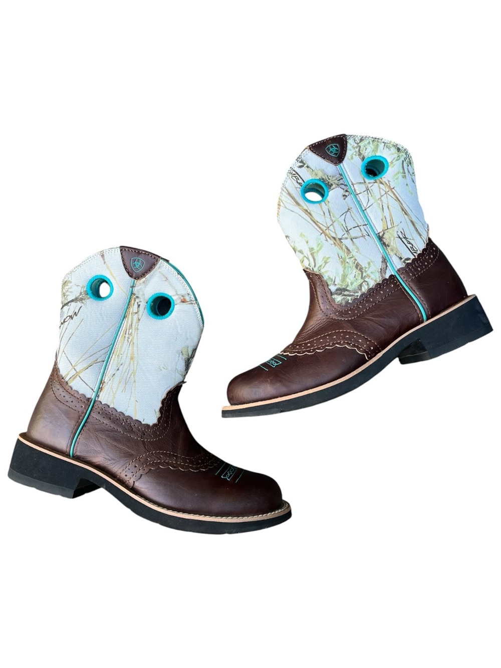 Ariat Fatbaby Realtree Camo Brown Teal Leather Western Cowboy Boots Womens 7.5 - Picture 10 of 13